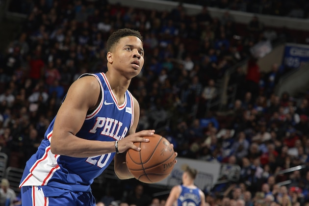 PHILADELPHIA, PA - MARCH 28: Markelle Fultz #20 of the Philadelphia 76ers shoots a free throw against the New York Knicks on March 28, 2018 at the Wells Fargo Center in Philadelphia, Pennsylvania. NOTE TO USER: User expressly acknowledges and agrees that, by downloading and/or using this photograph, user is consenting to the terms and conditions of the Getty Images License Agreement. Mandatory Copyright Notice: Copyright 2018 NBAE (Photo by David Dow/NBAE via Getty Images)