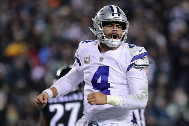 PHILADELPHIA, PA - NOVEMBER 11:  Quarterback Dak Prescott #4 of the Dallas Cowboys celebrates rushing 1 yard for a touchdown against the Philadelphia Eagles in the second quarter during the second quarter at Lincoln Financial Field on November 11, 2018 in Philadelphia, Pennsylvania.  (Photo by Elsa/Getty Images)