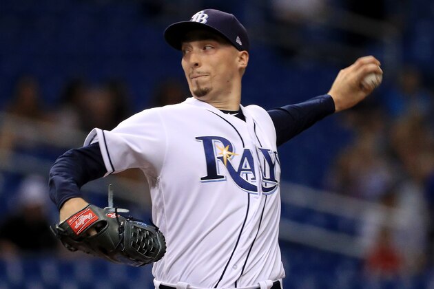 ST PETERSBURG, FL - AUGUST 21:  Blake Snell #4 of the Tampa Bay Rays pitches during a game against the Kansas City Royals at Tropicana Field on August 21, 2018 in St Petersburg, Florida.  (Photo by Mike Ehrmann/Getty Images)