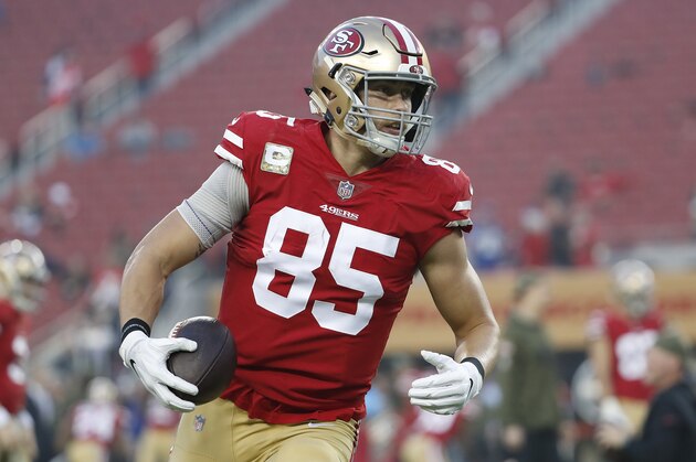 San Francisco 49ers tight end George Kittle (85) warms up before an NFL football game against the New York Giants in Santa Clara, Calif., Monday, Nov. 12, 2018. (AP Photo/Tony Avelar)