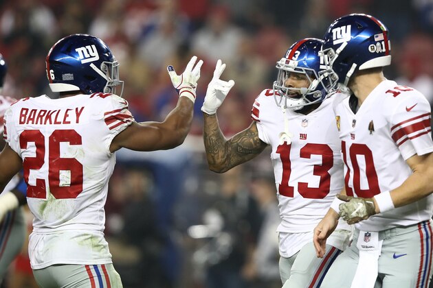 SANTA CLARA, CA - NOVEMBER 12: Odell Beckham #13 of the New York Giants celebrates with Saquon Barkley #26 after scoring a 20-yard touchdown against the San Francisco 49ers during their NFL game at Levi's Stadium on November 12, 2018 in Santa Clara, California. (Photo by Ezra Shaw/Getty Images)