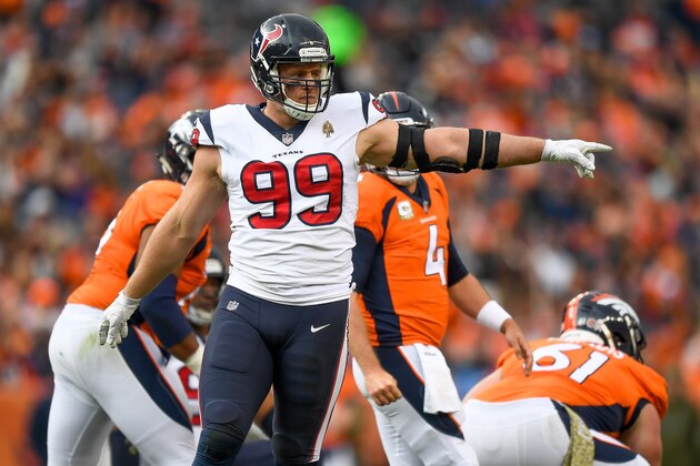 DENVER, CO - NOVEMBER 4:  Defensive end J.J. Watt #99 of the Houston Texans stands on the field during a game against the Denver Broncos at Broncos Stadium at Mile High on November 4, 2018 in Denver, Colorado. (Photo by Dustin Bradford/Getty Images)