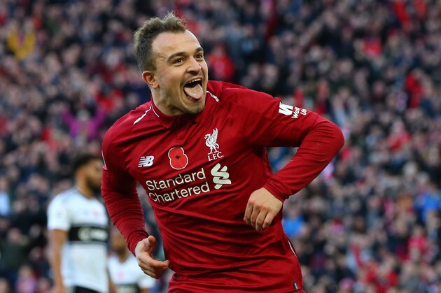 LIVERPOOL, ENGLAND - NOVEMBER 11: Xherdan Shaqiri of Liverpool celebrates after scoring his team's second goal during the Premier League match between Liverpool FC and Fulham FC at Anfield on November 11, 2018 in Liverpool, United Kingdom. (Photo by Alex Livesey/Getty Images) LIVERPOOL, ENGLAND - NOVEMBER 11: Xherdan Shaqiri of Liverpool celebrates after scoring his team's second goal during the Premier League match between Liverpool FC and Fulham FC at Anfield on November 11, 2018 in Liverpool, United Kingdom. (Photo by Alex Livesey/Getty Images)