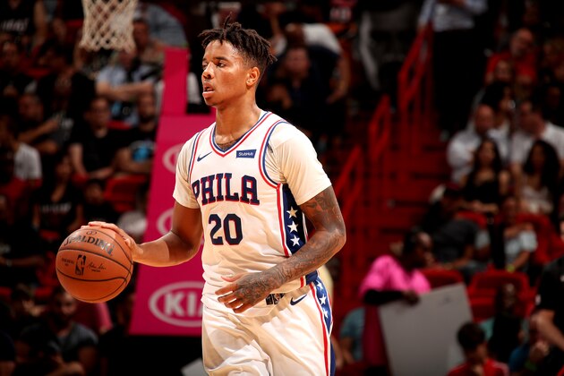 MIAMI, FL - NOVEMBER 12: Markelle Fultz #20 of the Philadelphia 76ers handles the ball against the Miami Heat on November 12, 2018 at American Airlines Arena in Miami, Florida. NOTE TO USER: User expressly acknowledges and agrees that, by downloading and or using this Photograph, user is consenting to the terms and conditions of the Getty Images License Agreement. Mandatory Copyright Notice: Copyright 2018 NBAE (Photo by Issac Baldizon/NBAE via Getty Images)