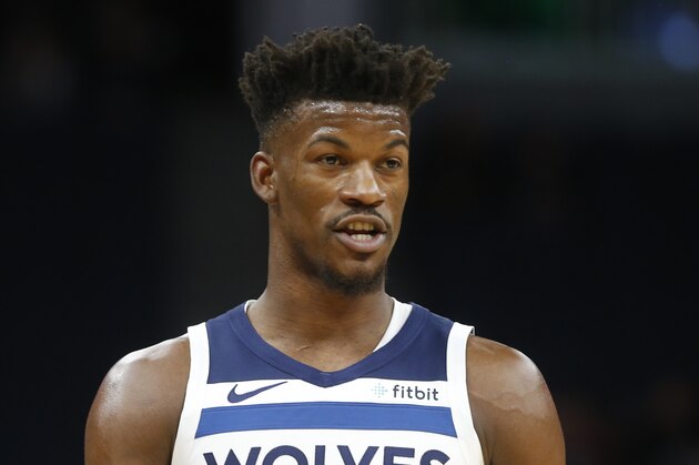 Minnesota Timberwolves' Jimmy Butler plays against the Indiana Pacers in the first half of an NBA basketball game Monday, Oct. 22, 2018, in Minneapolis. (AP Photo/Jim Mone)
