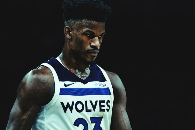 Minnesota Timberwolves guard Jimmy Butler (23) in the first half of an NBA basketball game Thursday, April 5, 2018, in Denver. (AP Photo/David Zalubowski)