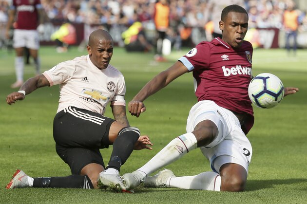 West Ham's Issa Diop, right, challenges Manchester United's Ashley Young, left, during the English Premier League soccer match between West Ham United and Manchester United at London Stadium in London in London, England, Saturday, Sept. 29, 2018. (AP Photo/Tim Ireland)