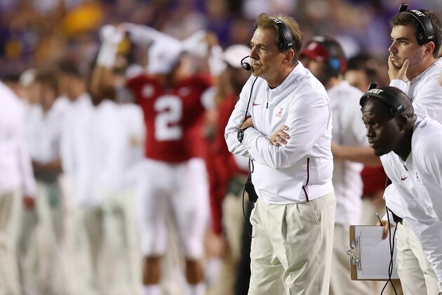 BATON ROUGE, LA - NOVEMBER 03:  Head coach Nick Saban look on while playing the Alabama Crimson Tide at Tiger Stadium on November 3, 2018 in Baton Rouge, Louisiana. Alabama won the game 29-0. (Photo by Gregory Shamus/Getty Images)