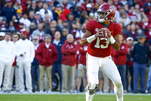 Alabama quarterback Tua Tagovailoa (13) drops back to pass against Mississippi State during the first half of an NCAA college football game, Saturday, Nov. 10, 2018, in Tuscaloosa, Ala. (AP Photo/Butch Dill)