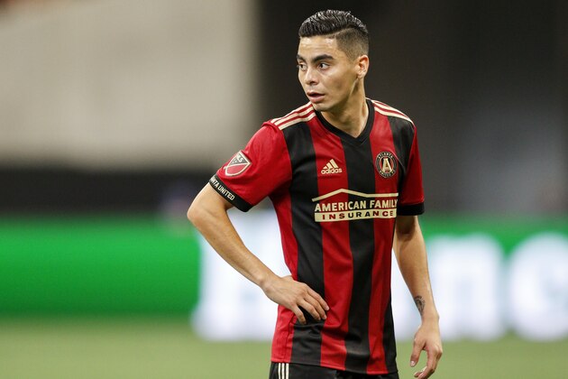 Atlanta United midfielder Miguel Almiron (10) in action against the Portland Timbers in the first half of an MLS soccer match Sunday, June 24, 2018, in Atlanta, Ga. (AP Photo/Brett Davis)
