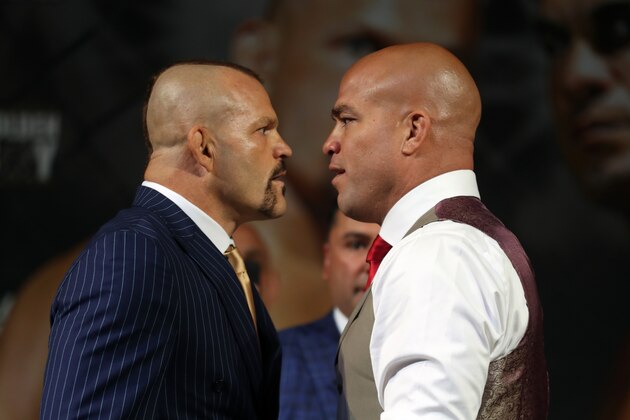 LAS VEGAS, NV - SEPTEMBER 14: Boxers Chuck Liddell and Tito Ortiz go face to face during undercard press conference at the KA Theatre at MGM Grand Hotel & Casino on September 14, 2018 in Las Vegas, Nevada. (Photo by Omar Vega/Getty Images)