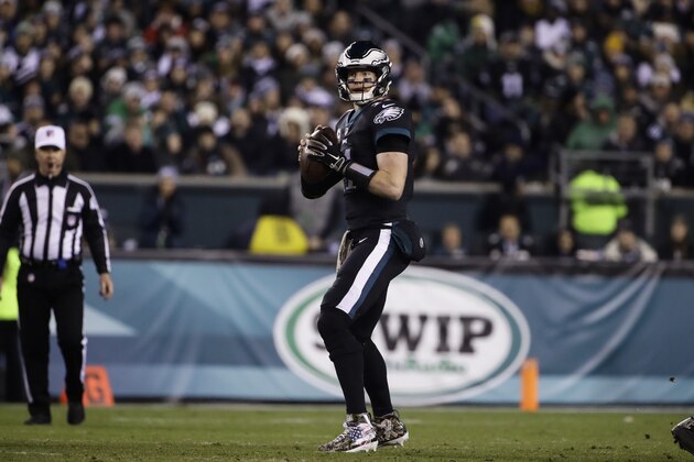 Philadelphia Eagles quarterback Carson Wentz (11) in action during an NFL football game against the Dallas Cowboys, Sunday, Nov. 11, 2018, in Philadelphia,. (AP Photo/Matt Rourke)