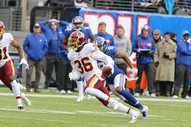 EAST RUTHERFORD, NJ - OCTOBER 28: Safety D.J. Swearinger #36 of the Washington Redskins has the second of two Interceptions against the New York Giants during their game at MetLife Stadium on October 28, 2018 in East Rutherford, New Jersey. (Photo by Al Pereira/Getty Images)