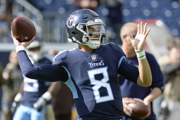 Tennessee Titans quarterback Marcus Mariota warms up before an NFL football against the New England Patriots game Sunday, Nov. 11, 2018, in Nashville, Tenn. (AP Photo/Mark Zaleski)