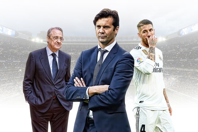 Temporary coach of Real Madrid CF, Argentinian former player Santiago Solari (L) and Real Madrid's Spanish defender Sergio Ramos attend a training session at the Ciudad Real Madrid training facilities in Madrid's suburb of Valdebebas, on October 30, 2018. - Santiago Solari has been put in temporary charge of Real Madrid after Julen Lopetegui was sacked on October 29, 2018. Solari was the coach of Madrid's B team, Castilla, and is now expected to take Madrid for their Copa del Rey game against Melilla tomorrow. (Photo by GABRIEL BOUYS / AFP)        (Photo credit should read GABRIEL BOUYS/AFP/Getty Images)