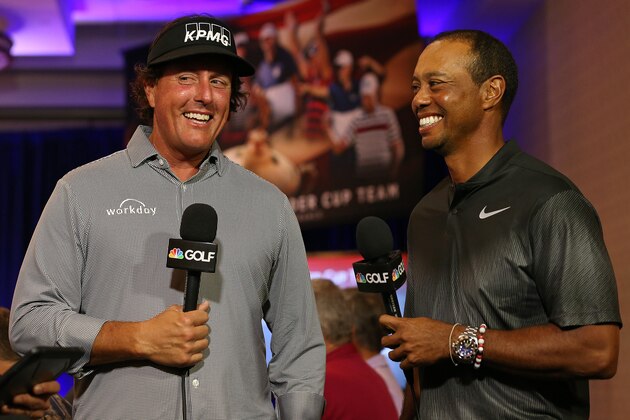 WEST CONSHOHOCKEN, PA - SEPTEMBER 04: Phil Mickelson and Tiger Woods are interviewed by the Golf Channel after being named as Captain's Picks along with Bryson DeChambeau by U.S. Ryder Cup Captain for the 2018 U.S. team during a press conference at the Philadelphia Marriott West on September 4, 2018 in West Conshohocken, Pennsylvania. (Photo by Rich Schultz/Getty Images)