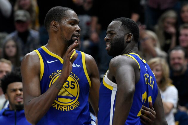 SALT LAKE CITY, UT - OCTOBER 19: Kevin Durant #35 of the Golden State Warriors tries to calm down teammate Draymond Green #23 after a foul in the second half of a NBA game against the Utah Jazz at Vivint Smart Home Arena on October 19, 2018 in Salt Lake City, Utah. NOTE TO USER: User expressly acknowledges and agrees that, by downloading and or using this photograph, User is consenting to the terms and conditions of the Getty Images License Agreement. (Photo by Gene Sweeney Jr./Getty Images)