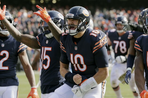 Chicago Bears quarterback Mitchell Trubisky (10) celebrates after running for a touchdown during the first half of an NFL football game against the Detroit Lions Sunday, Nov. 11, 2018, in Chicago. (AP Photo/Nam Y. Huh)
