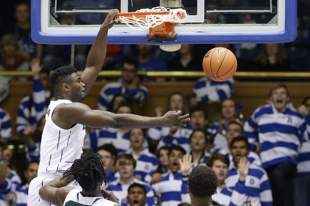 Duke's Zion Williamson dunks against Eastern Michigan during the first half of an NCAA college basketball game in Durham, N.C., Wednesday, Nov. 14, 2018. (AP Photo/Gerry Broome)