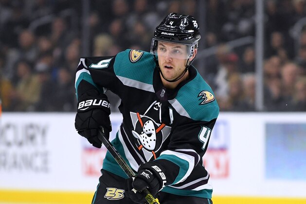 LOS ANGELES, CA - NOVEMBER 06:  Cam Fowler #4 of the Anaheim Ducks passes during the game against the Los Angeles Kings at Staples Center on November 6, 2018 in Los Angeles, California.  (Photo by Harry How/Getty Images)