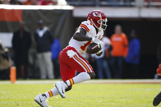 Kansas City Chiefs wide receiver Sammy Watkins (14) plays against the Cleveland Browns during the first half of an NFL football game, Sunday, Nov. 4, 2018, in Cleveland. (AP Photo/Ron Schwane)