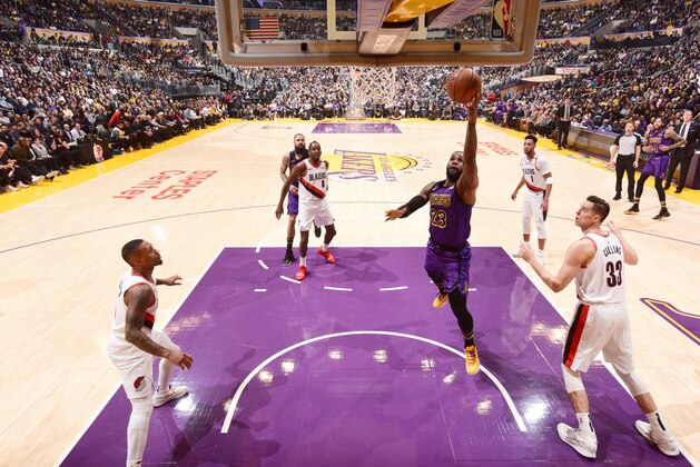 LOS ANGELES, CA - NOVEMBER 14:  LeBron James #23 of the Los Angeles Lakers shoots the ball against the Portland Trail Blazers on November 14, 2018 at STAPLES Center in Los Angeles, California. NOTE TO USER: User expressly acknowledges and agrees that, by downloading and/or using this Photograph, user is consenting to the terms and conditions of the Getty Images License Agreement. Mandatory Copyright Notice: Copyright 2018 NBAE (Photo by Andrew D. Bernstein/NBAE via Getty Images)