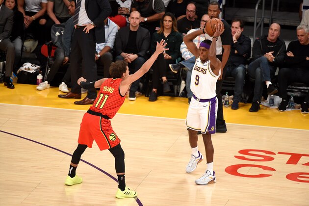 LOS ANGELES, CA - NOVEMBER 11: Rajon Rondo #9 of the Los Angeles Lakers handles the ball against the Atlanta Hawks on November 11, 2018 at Staples Center in Los Angeles, California. NOTE TO USER: User expressly acknowledges and agrees that, by downloading and/or using this Photograph, user is consenting to the terms and conditions of the Getty Images License Agreement. Mandatory Copyright Notice: Copyright 2018 NBAE (Photo by Adam Pantozzi/NBAE via Getty Images)