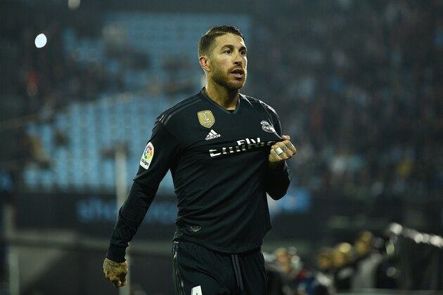 VIGO, SPAIN - NOVEMBER 11: Sergio Ramos of Real Madrid celebrates after scores the third goal during the La Liga match between RC Celta de Vigo and Real Madrid CF at Abanca-Balaidos on November 11, 2018 in Vigo, Spain. (Photo by Octavio Passos/Getty Images)