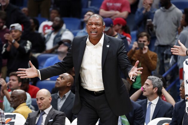 LA Clippers head coach Doc Rivers reacts in the second half of an NBA basketball game against the New Orleans Pelicans in New Orleans, Tuesday, Oct. 23, 2018. The Pelicans won 116-109. (AP Photo/Gerald Herbert)