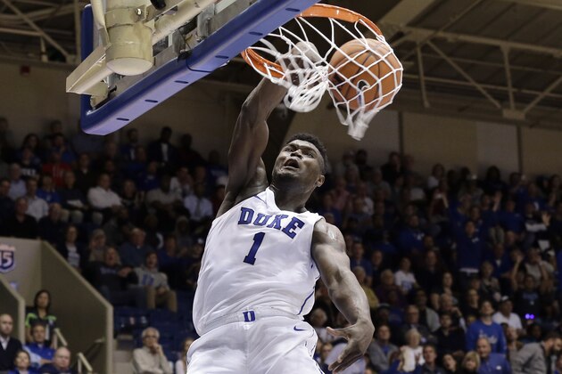 Duke's Zion Williamson (1) dunks against Eastern Michigan during the second half of an NCAA college basketball game in Durham, N.C., Wednesday, Nov. 14, 2018. Duke won 84-46. (AP Photo/Gerry Broome)