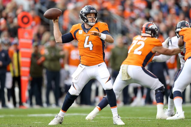 DENVER, CO - NOVEMBER 04:  Quarterback Case Keenum #4 of the Denver Broncos plays against the Houston Texans at Broncos Stadium at Mile High on November 4, 2018 in Denver, Colorado.  (Photo by Matthew Stockman/Getty Images)