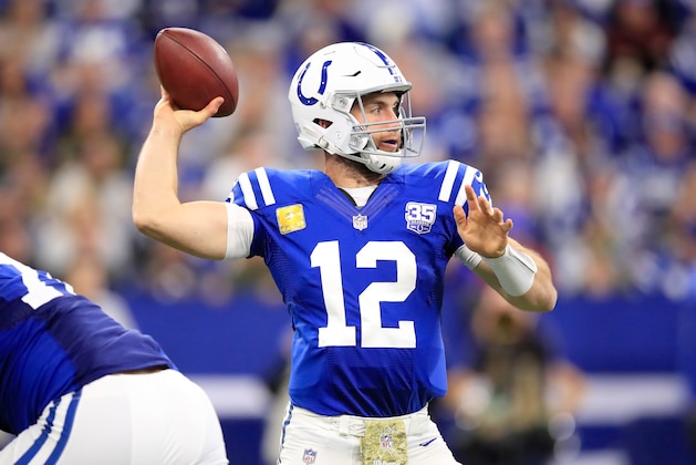 INDIANAPOLIS, IN - NOVEMBER 11: Andrew Luck #12 of the Indianapolis Colts throws a pass in the game against the Jacksonville Jaguars in the fourth quarter at Lucas Oil Stadium on November 11, 2018 in Indianapolis, Indiana.  (Photo by Andy Lyons/Getty Images)