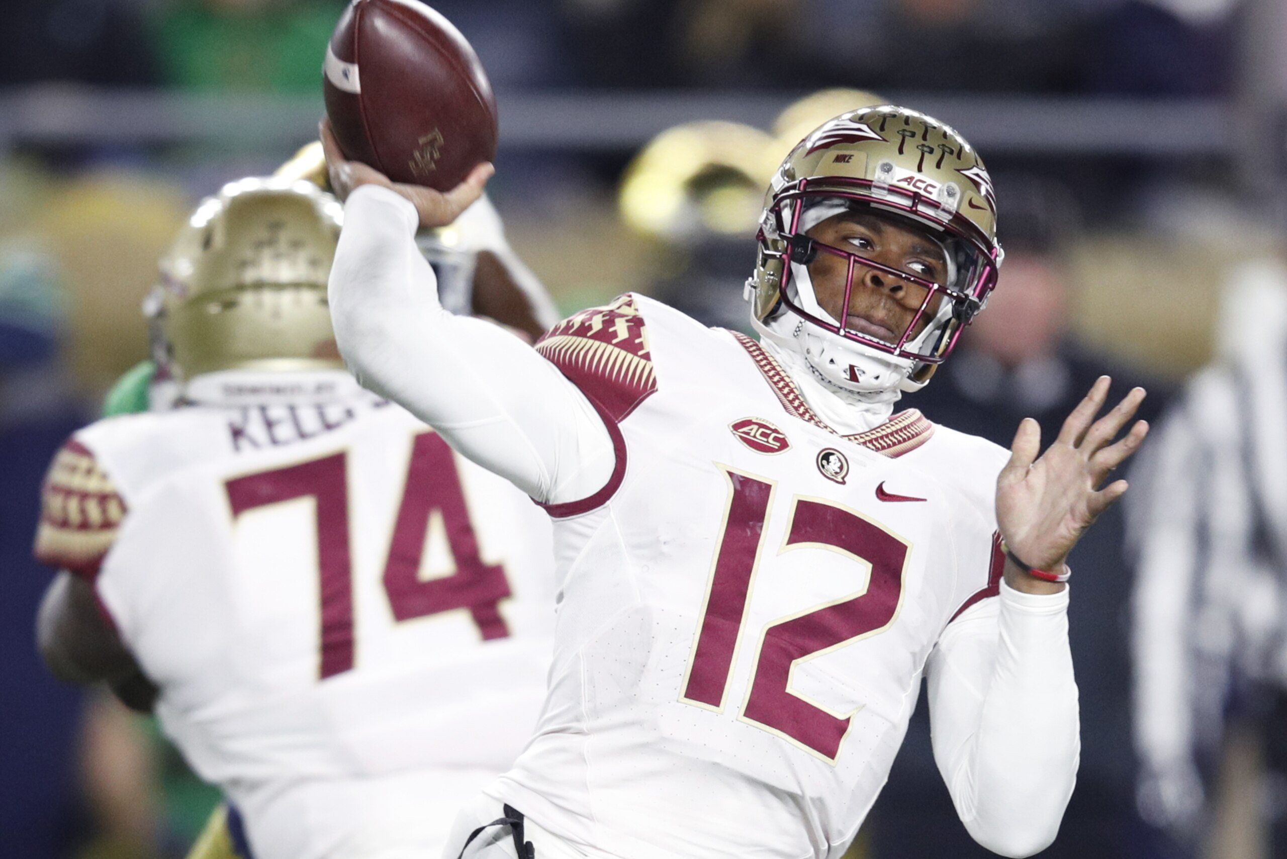 SOUTH BEND, IN - NOVEMBER 10: Deondre Francois #12 of the Florida State Seminoles throws a pass during the game against the Notre Dame Fighting Irish at Notre Dame Stadium on November 10, 2018 in South Bend, Indiana. Notre Dame won 42-13. (Photo by Joe Robbins/Getty Images)