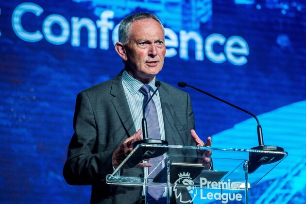 Richard Scudamore, executive chairman of the English Premier League, speaks at a football social development conference in Hong Kong on July 20, 2017.
Scudamore is in town as four teams from the EPL take care in the Premier League Asia Trophy pre-season event from July 19 to 22. / AFP PHOTO / ISAAC LAWRENCE        (Photo credit should read ISAAC LAWRENCE/AFP/Getty Images)