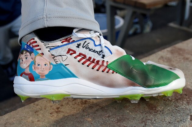 LOS ANGELES, CA - AUGUST 24:  Detail view of baseball cleats worn by Matt Strahm #55 of the San Diego Padres for the game against the Los Angeles Dodgers at Dodger Stadium on August 24, 2018 in Los Angeles, California.  Players are wearing special jerseys with their nicknames on them during Players' Weekend. (Photo by Jayne Kamin-Oncea/Getty Images)
