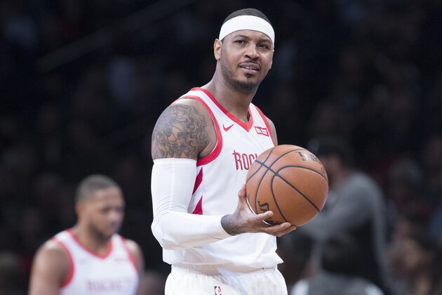 Houston Rockets forward Carmelo Anthony reacts during the second half of an NBA basketball game against the Brooklyn Nets, Friday, Nov. 2, 2018, in New York. The Rockets won 119-111. (AP Photo/Mary Altaffer)