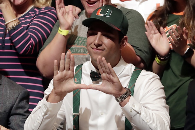 Bailey Mantilla, a pitcher for the American Heritage School baseball team, announces he is signing with Miami on national signing day, Wednesday, Feb. 7, 2018, in Plantation, Fla. (AP Photo/Lynne Sladky)