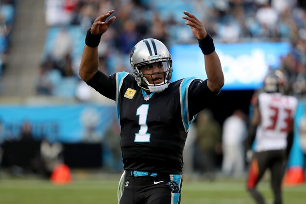 CHARLOTTE, NC - NOVEMBER 04:  Cam Newton #1 of the Carolina Panthers reacts to their 42-28 victory over the Tampa Bay Buccaneers at Bank of America Stadium on November 4, 2018 in Charlotte, North Carolina.  (Photo by Streeter Lecka/Getty Images)