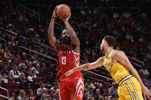 HOUSTON, TX - NOVEMBER 15: James Harden #13 of the Houston Rockets shoots the ball against the Golden State Warriors on November 15, 2018 at the Toyota Center in Houston, Texas. NOTE TO USER: User expressly acknowledges and agrees that, by downloading and/or using this photograph, User is consenting to the terms and conditions of the Getty Images License Agreement. Mandatory Copyright Notice: Copyright 2018 NBAE (Photo by Bill Baptist/NBAE via Getty Images)