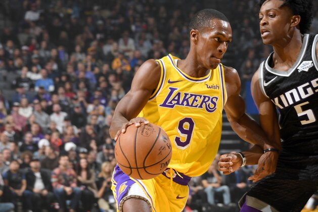 SACRAMENTO, CA - NOVEMBER 10: Rajon Rondo #9 of the Los Angeles Lakers handles the ball against the Sacramento Kings on November 10, 2018 at Golden 1 Center in Sacramento, California. NOTE TO USER: User expressly acknowledges and agrees that, by downloading and/or using this photograph, user is consenting to the terms and conditions of the Getty Images License Agreement. Mandatory Copyright Notice: Copyright 2018 NBAE (Photo by Andrew D. Bernstein/NBAE via Getty Images)