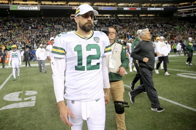 SEATTLE, WA - NOVEMBER 15: Aaron Rodgers #12 of the Green Bay Packers reacts after falling to the Seattle Seahawks 27-24 during their game at CenturyLink Field on November 15, 2018 in Seattle, Washington.  (Photo by Abbie Parr/Getty Images)