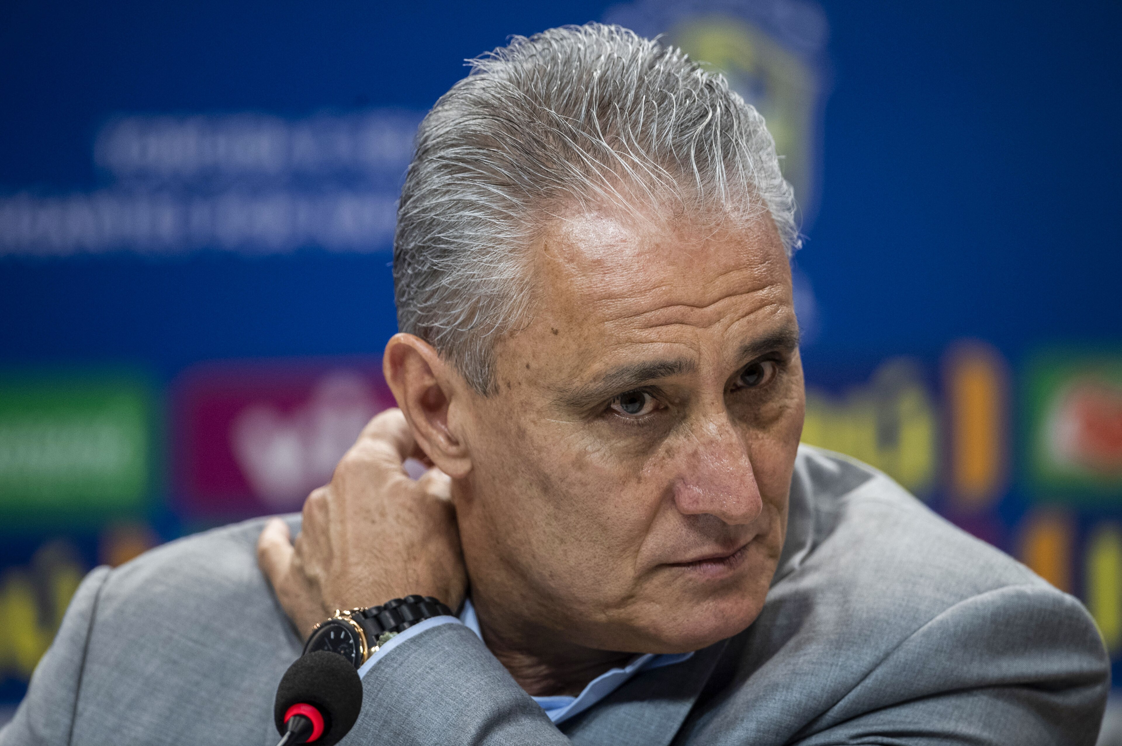 Brazil's Head Coach Adenor Leonardo Bacchi (Tite) gestures during a press conference to announce his squad of players for the upcoming friendly matches against Saudi Arabia and Argentina  in Rio de Janeiro, Brazil on September 21, 2018. (Photo by Mauro Pimentel / AFP)        (Photo credit should read MAURO PIMENTEL/AFP/Getty Images)