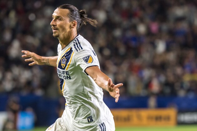 CARSON, CA - SEPTEMBER 29: Zlatan Ibrahimovic #9 of Los Angeles Galaxy celebrates his 2nd goal during the Los Angeles Galaxy's MLS match against Vancouver Whitecaps at the StubHub Center on September 29, 2018 in Carson, California.  The Los Angeles Galaxy won the match 3-0 (Photo by Shaun Clark/Getty Images)