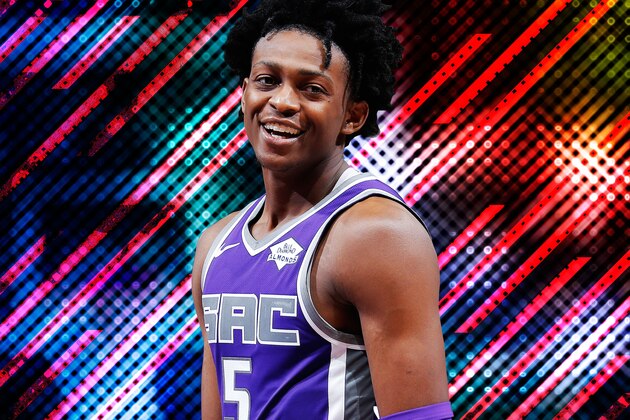 SACRAMENTO, CA - NOVEMBER 12:  De'Aaron Fox #5 of the Sacramento Kings reacts against the San Antonio Spurs on November 12, 2018 at Golden 1 Center in Sacramento, California. NOTE TO USER: User expressly acknowledges and agrees that, by downloading and or using this Photograph, user is consenting to the terms and conditions of the Getty Images License Agreement. Mandatory Copyright Notice: Copyright 2018 NBAE (Photo by Rocky Widner/NBAE via Getty Images)