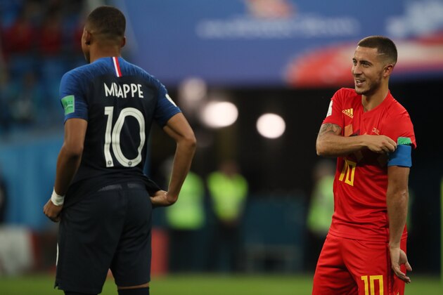 SAINT PETERSBURG, RUSSIA - JULY 10: Kylian Mbappe of France and Eden Hazard of Belgium during the 2018 FIFA World Cup Russia Semi Final match between Belgium and France at Saint Petersburg Stadium on July 10, 2018 in Saint Petersburg, Russia. (Photo by Matthew Ashton - AMA/Getty Images)