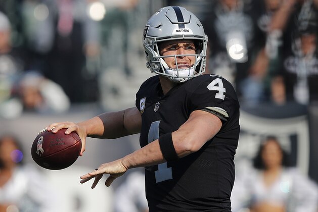 Oakland Raiders quarterback Derek Carr (4) passes against the Los Angeles Chargers during the first half of an NFL football game in Oakland, Calif., Sunday, Nov. 11, 2018. (AP Photo/John Hefti)