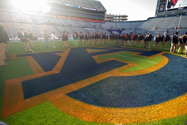 AUBURN, AL - NOVEMBER 3: Members of the Auburn Tigers circle around their logo prior to their game against the Texas A&M Aggies at Jordan-Hare Stadium on November 3 2018 in Auburn, Alabama. (Photo by Michael Chang/Getty Images)