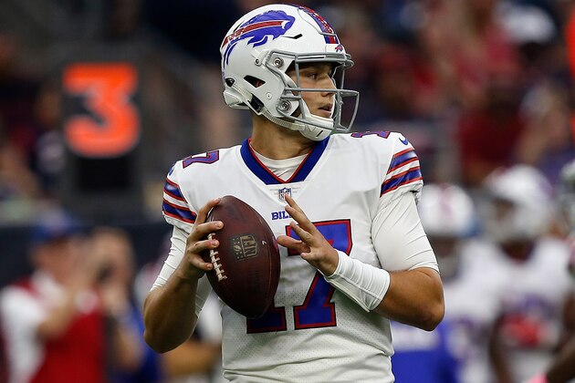 HOUSTON, TX - OCTOBER 14: Josh Allen #17 of the Buffalo Bills looks for a receiver against the Houston Texans at NRG Stadium on October 14, 2018 in Houston, Texas. (Photo by Bob Levey/Getty Images)