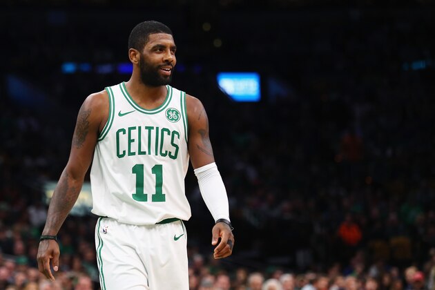 BOSTON, MA - NOVEMBER 14:  Kyrie Irving #11 of the Boston Celtics reacts during the first half against the Chicago Bulls at TD Garden on November 14, 2018 in Boston, Massachusetts.  (Photo by Tim Bradbury/Getty Images)