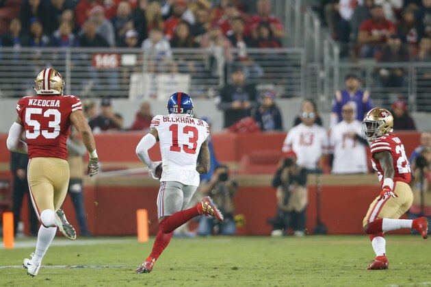 SANTA CLARA, CA - NOVEMBER 11: Odell Beckham Jr. #13 of the New York Giants runs after making a reception during the game against the San Francisco 49ers at Levi's Stadium on November 11, 2018 in Santa Clara, California. The Giants defeated the 49ers 27-23. (Photo by Michael Zagaris/San Francisco 49ers/Getty Images)